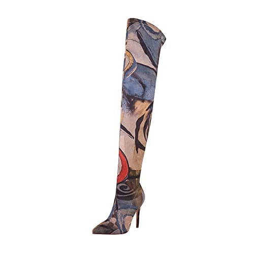 Vivianly Women's Printed Stretch Thigh High Booties Pointy Stiletto Heel — Irregular C-thigh Boots