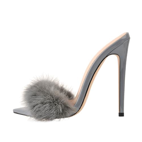 Richealnana Women's Fur Fuzzy Sexy Stiletto Heels — Grey