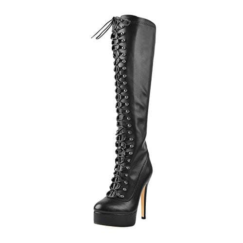 Richealnini Women's Lace-Up Knee High Stiletto Boots