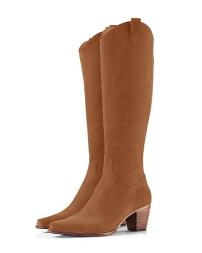 Rilista Women's Cowboy Knee High Tall Riding Boots with Chunky Heel — Dark Brown