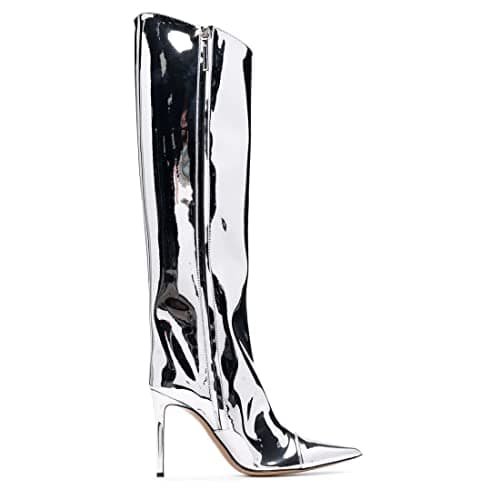 Arqa Women's Chrome Zipper Knee High Stiletto Heel Boot