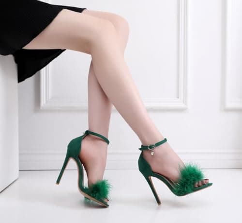 JOEupin Women's Fluffy Marabou Heel Strappy Sandals with Fur
