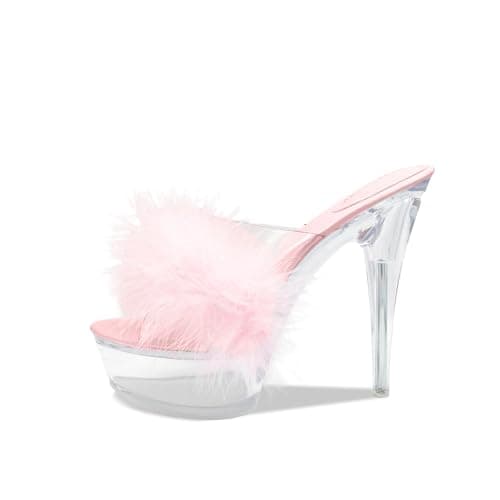 FantoSay Women's Clear Stiletto Heels Open Toe Platform Fluff Sandals