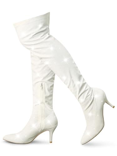 Allegra K Women's Glitter Knee High Stiletto Heels — White