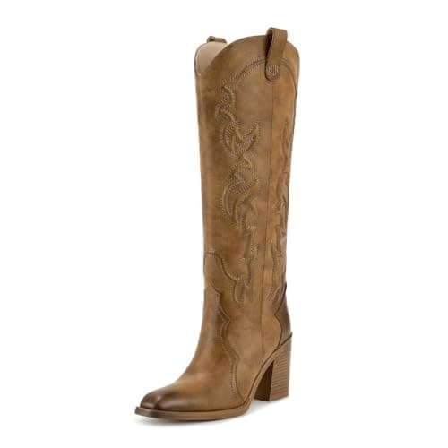 Wetkiss Women's Embroidered Knee High Cowboy Boots with Chunky Heel