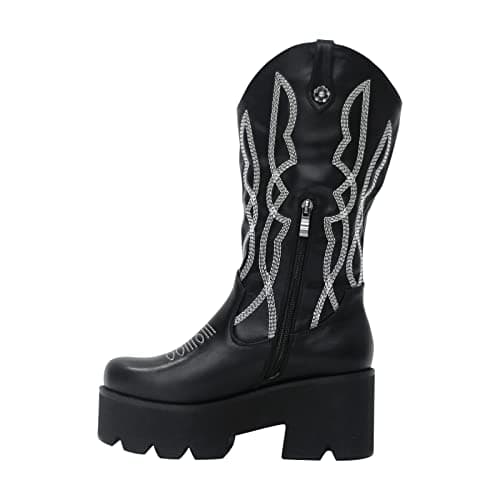 Rich heel Mid Calf Booties for Women Embroidered Knee-High Boots — Zipper Black