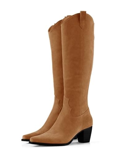Rilista Women's Cowboy Knee High Tall Riding Boots with Chunky Heel — Brown