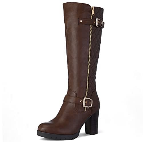 mysoft Women's Knee High Warm Winter Boots with Side Zippers — Brown Pu