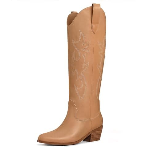 Ouepiano Women's Knee High Embroidered Cowboy Boots — Brown
