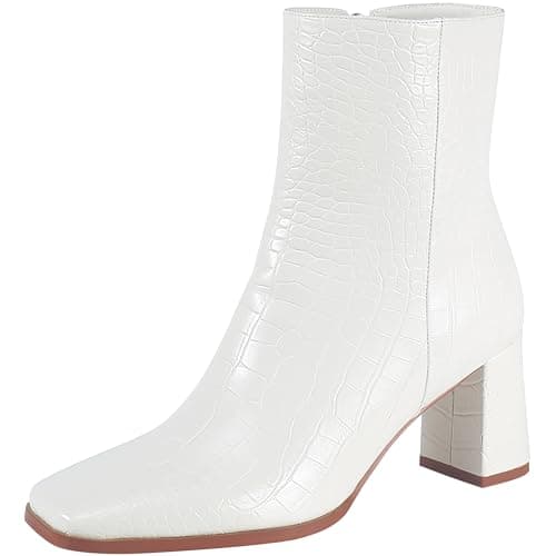 MISSMILLER Rhinestone Chunky Heel Pointed Toe Ankle Boots for Women — Crocodile White