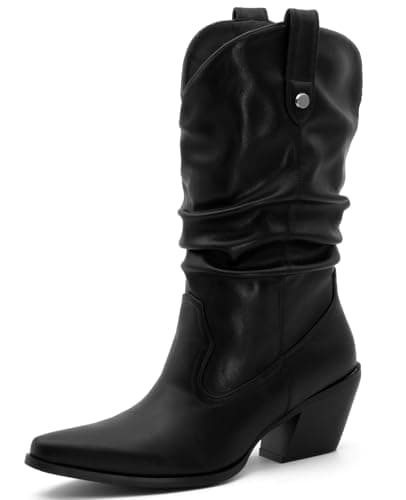 MISSMILLER Women's Embroidered Square Toe Cowboy Cowgirl Boots Western Mid Calf Heel — Black-pu