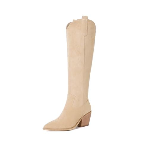 Reitoye Women's Embroidered Western Knee High Boot with Pull-Up Tabs — Beige Suede