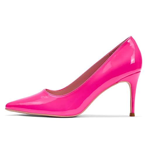 Genshuo Women's 3 Inch Stilettos Closed Toe Dress Pumps — Fluorescent Pink