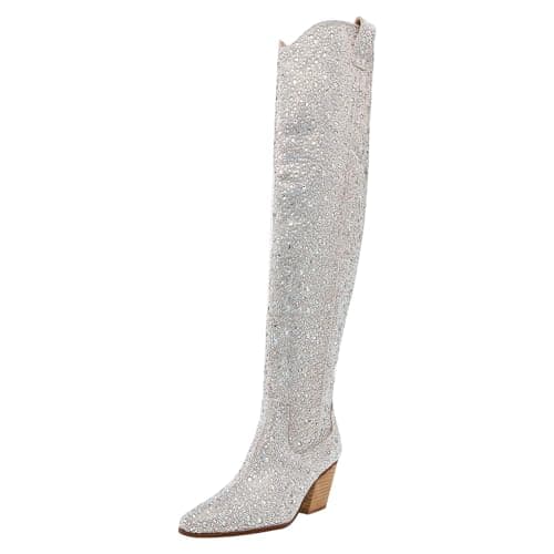 Rhinestone Over the Knee Cowboy Boots for Women — Silver