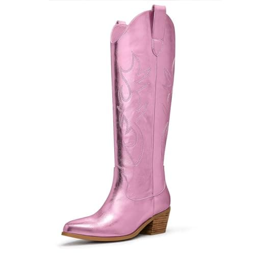 Ouepiano Women's Knee High Embroidered Cowboy Boots — Metallic Pink