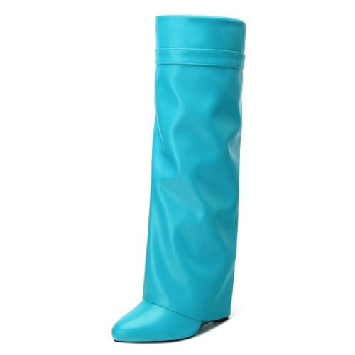 DEMOSHINE Women's Knee High Zipper Fold Over Wedge Heel Boots — Egg Blue