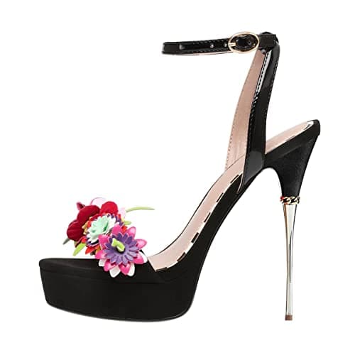 FSJ Women's Metallic Open Toe Stiletto Heel Platform Sandals Size 4-15 US — Black Flower