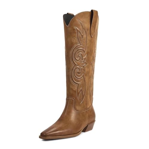ISNOM Western Cowboy Boots for Women Knee High Square Toe Low Heel — Tan