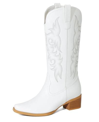 MISSMILLER Women's Embroidered Square Toe Cowboy Cowgirl Boots Western Mid Calf Heel — White