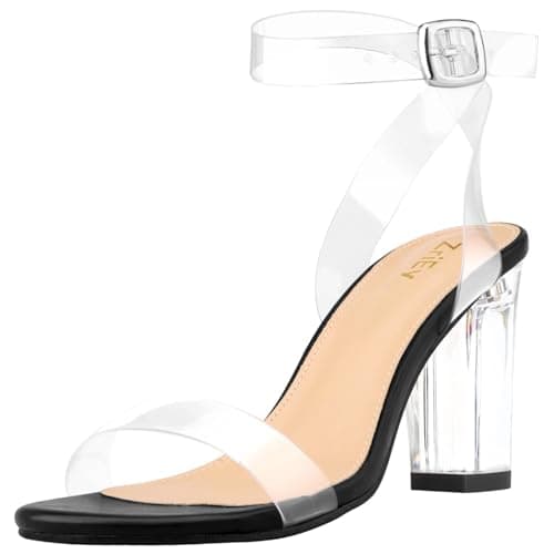 ZriEy Clear Block Sandals for Women Chunky Heels Open Toe Adjustable Ankle Strap Pump — Black Clear
