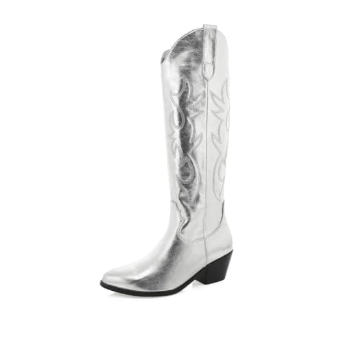 MeiLuSi Embroidered Tall Cowboy Boots for Women — 1 Silver