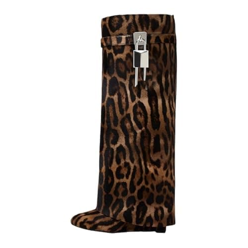 Black Heeled PadLock Pant Knee High Boots - Fold Over Wedge Booties — Leopard Print