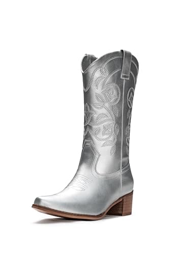 IUV Women's Pointy Toe Western Boots Mid Calf Cowgirl Boots — Silver