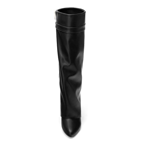 DEMOSHINE Women's Knee High Zipper Fold Over Wedge Heel Boots