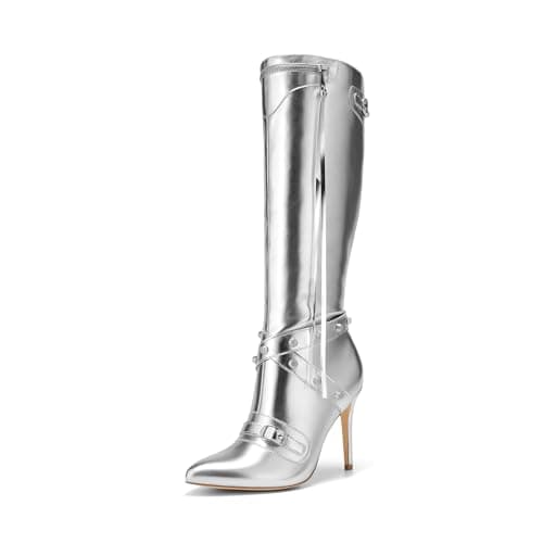 Dream Pairs Women's Metallic Knee High Stiletto Heeled Pointed Toe Dress Boots with Stud Zip Tassel