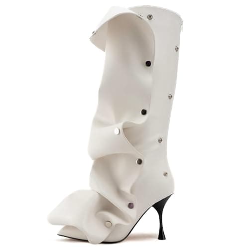 KaroNairy Women's Knee High Stiletto Boot with Detachable Panel — White