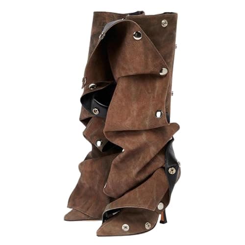 KaroNairy Women's Knee High Stiletto Boot with Detachable Panel — Brown
