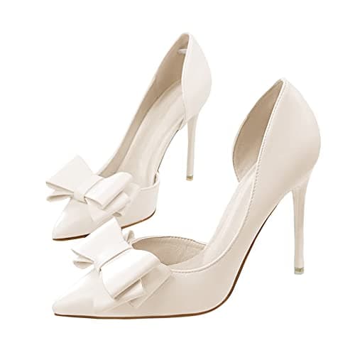 Coutgo Women's Bow Heeled Closed Toe Stiletto Wedding Pumps — White