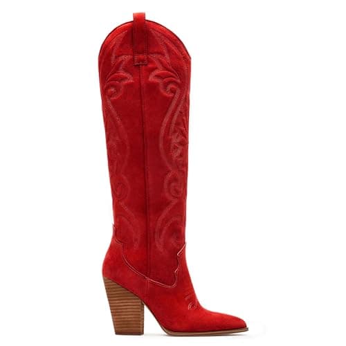 VOMIRA Women's Pointed Toe Chunky Heel Embroidered Knee High Cowboy Boots — Red Suede