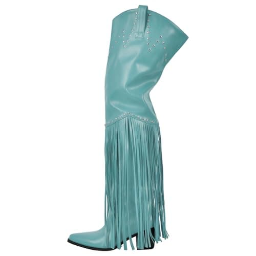 Richealnini Fringe Thigh High Zip-Up Western Boots — Turquoise