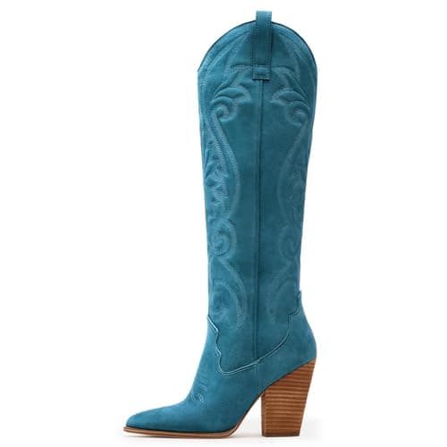 WIRALOMI Women's Embroidered Knee High Cowboy Boots with Chunky Heel — Faux Suede Turquoise