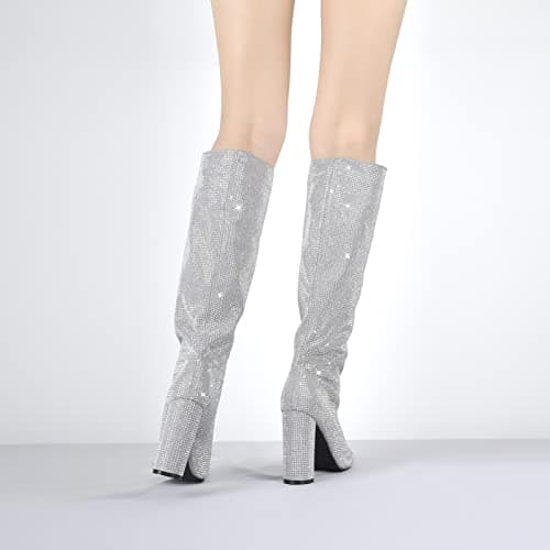 OnlyMaker Chunky Heel Rhinestone Knee High Boots for Women