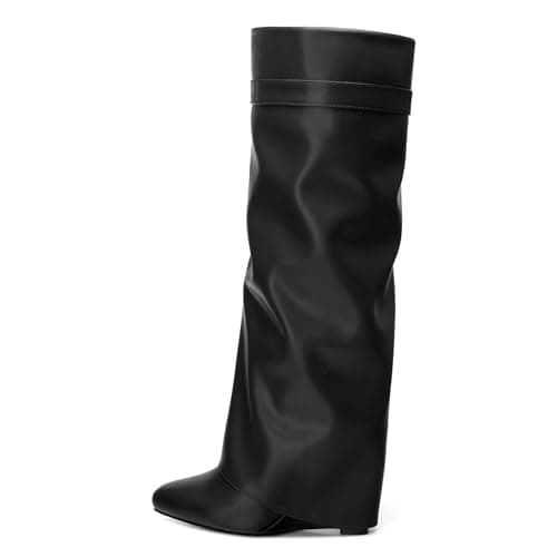 DEMOSHINE Women's Knee High Zipper Fold Over Wedge Heel Boots