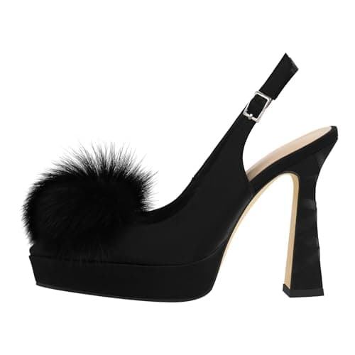 Richealnana Women's Fuzzy Platform Sandals with Chunky Heels — Black