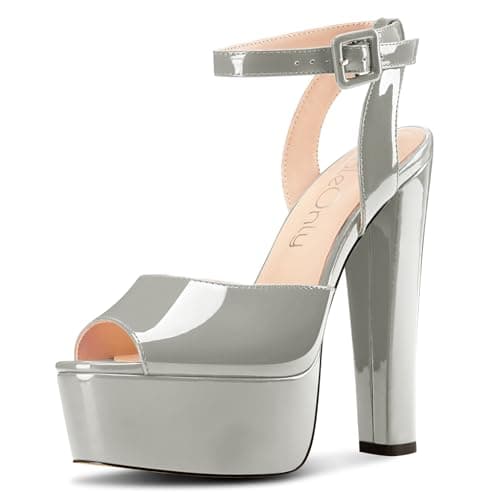 NobleOnly Chunky Heel Ankle Strap Sandals for Women Wedding Party Prom 5.9 Inches — Grey