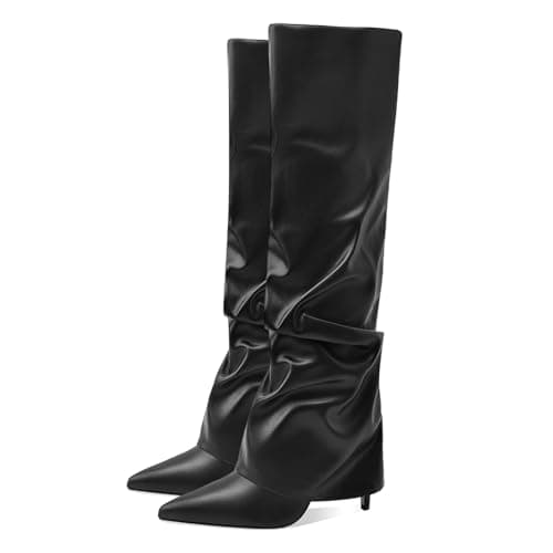 MOTIMODEN Women's Knee High Black & White Pointed Toe Fold-Over Zipper Boots