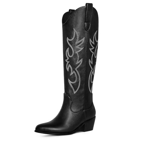 Ouepiano Women's Knee High Embroidered Cowboy Boots — Black
