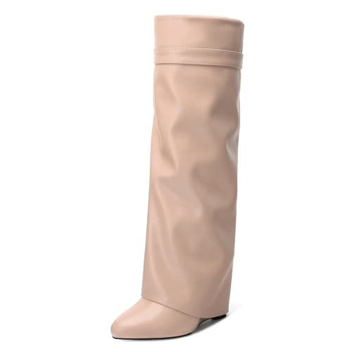 DEMOSHINE Women's Knee High Zipper Fold Over Wedge Heel Boots — Nude