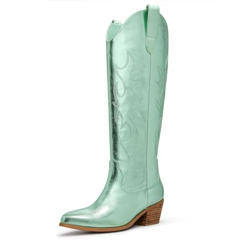 Ouepiano Women's Knee High Embroidered Cowboy Boots — Metallic Lime