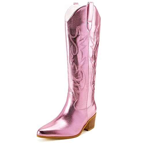 Stalov Western PointedToe Chunky Heel Knee High Cowgirl Boots — Pink