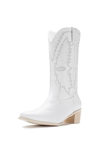 IUV Western Cowboy Boots for Women classic fashion with embroidery — B-white