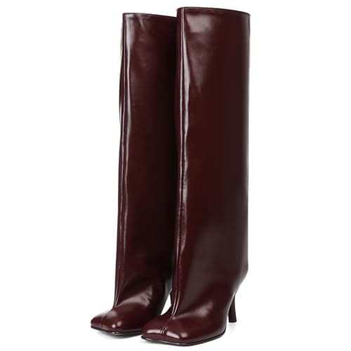 VOMIRA Women's Narrow Calf Nude Suede Knee High Stiletto Boot — Burgundy