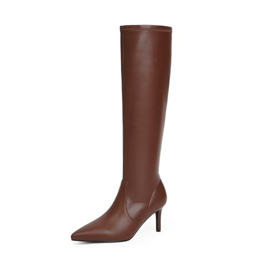 Modatope Women's Knee High Stiletto Heel Zipper Boot — Stretch-brown Pu