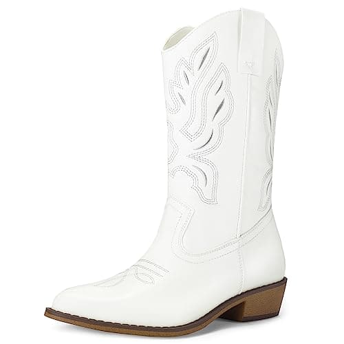 Mysoft Women's Cowboy Boots Embroidered Mid-Calf Pointed Toe — White