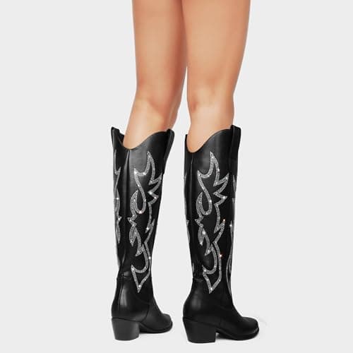 Ouepiano Women's Knee High Embroidered Cowboy Boots