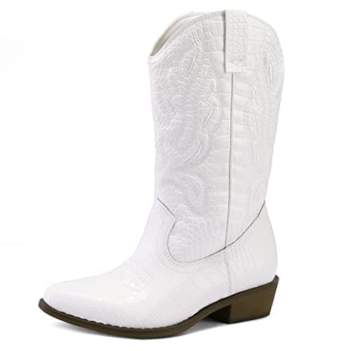 Mysoft Women's Cowboy Boots Embroidered Mid-Calf Pointed Toe — White Textured